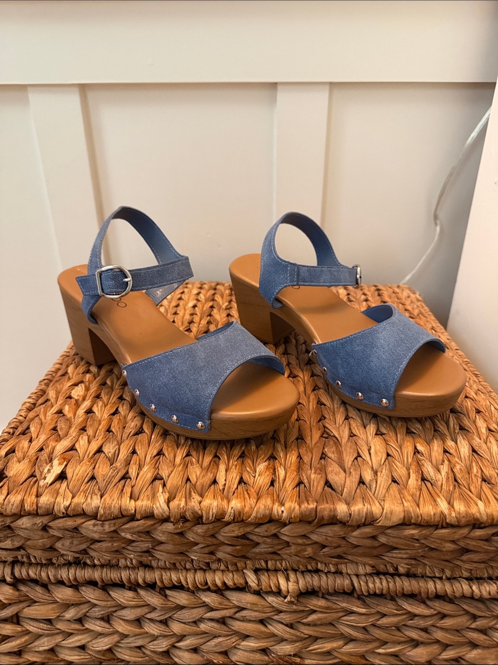 Blue Denim Sandals with Silver Stud Accents